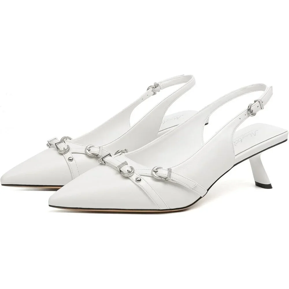Women's White PU Pointed Toe Pumps Patent Leather Low Heel Slingback with Buckle